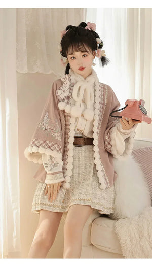 Pink Modern Hanfu-Inspired Outfit – New Chinese Top & Midi Skirt Set for Autumn/Winter - Yandan_Hanfu