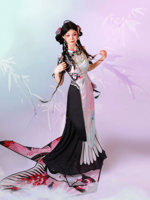 Blush Kite Qipao – Layered Faux Two-Piece Cheongsam in Modern Hanfu Style - Yandan_Hanfu