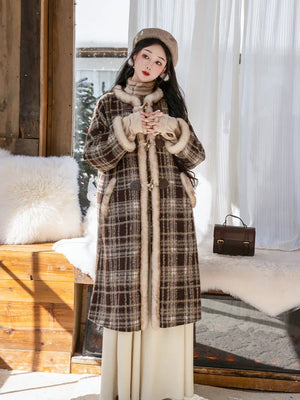 Amber Grace – Modern Hanfu Women's Autumn/Winter Set | Ming-Style Round-Collar Wool Coat with Plaid Song-Inspired Pants - Yandan_Hanfu
