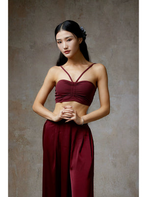 Elegant wine red tube top and pants set, flowing classical dance outfit