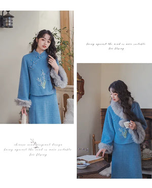 Blue Orchid Modern Qipao Tow piece Set – Winter Chinese Style Outfit - Yandan_Hanfu