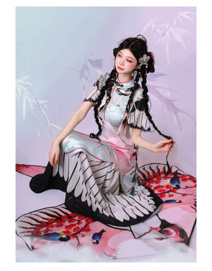 Blush Kite Qipao – Layered Faux Two-Piece Cheongsam in Modern Hanfu Style - Yandan_Hanfu