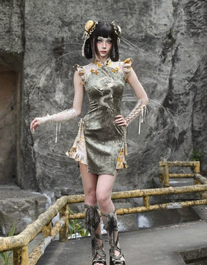 Spring Dragon Festival, Embroidered Short Cheongsam Dress Halloween - Yandan_Hanfu