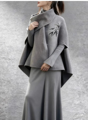 Grey Wool Cape Set – Short Cloak Jacket & Knit Dress | Soft Relaxed Fit - Yandan_Hanfu