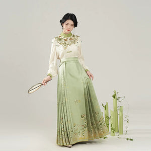 Sunshine Rose – Ming-Style Modern Hanfu Set | Embroidered Cloud-Shoulder Blouse & Floral Ma Mian Skirt - Yandan_Hanfu