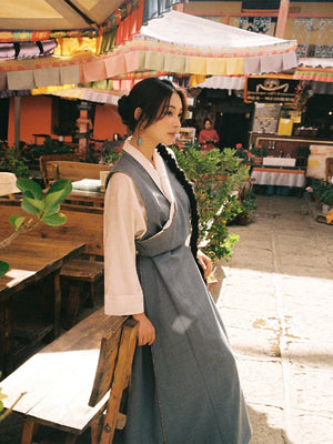 Qimeng – Tibetan-Inspired Women's Two-Piece Set | Cross-Collar Vintage Top & Long Skirt - Yandan_Hanfu