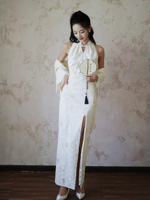 "Qianzhi" white embroidered shawl showing thin backless cheongsam bride wedding dress toast engagement - Yandan_Hanfu