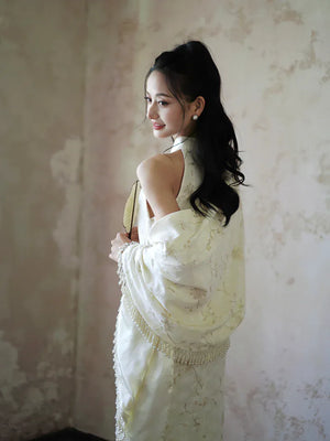 "Qianzhi" white embroidered shawl showing thin backless cheongsam bride wedding dress toast engagement - Yandan_Hanfu