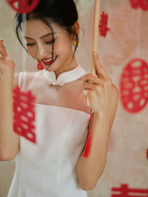 Eternal Union – White Embroidered Qipao | Chinese Wedding Reception & Engagement Dress - Yandan_Hanfu