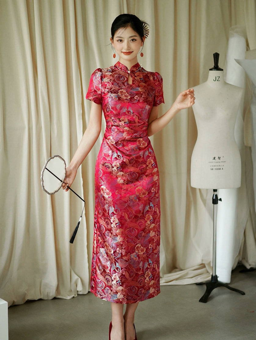 Yue Xi – Red Embroidered Jacquard Qipao for Wedding, Engagement & Tea Ceremony