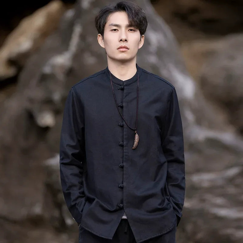 New China Style stand-up collar linen shirt men's Tang suit - Yandan_Hanfu