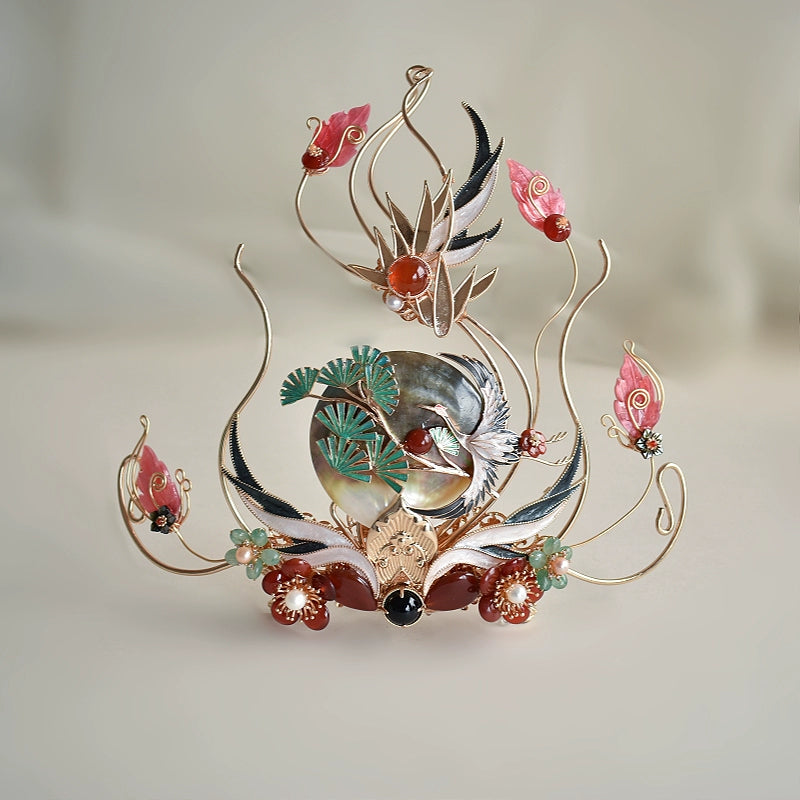 Graceful Crane Shadow – Hanfu Hair Jewelry Set with Crown & Hairpin Inspired by Chinese Symbolism