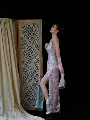 "Pink Bell" Pink Jacquard Bell Cheongsam/Qipao Shawl Bridal Dress - Yandan_Hanfu