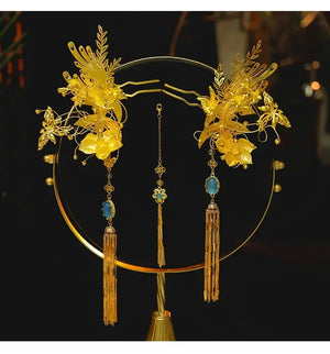 Bride's New Chinese-style gold delicate embellishment fringed eyebrow pendant dragonfly hairpin cheongsam engagement hair accessories - Yandan_Hanfu