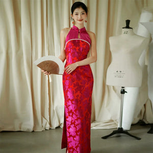 "Chuni" dragon fruit color jacquard cheongsam bride - Yandan_Hanfu