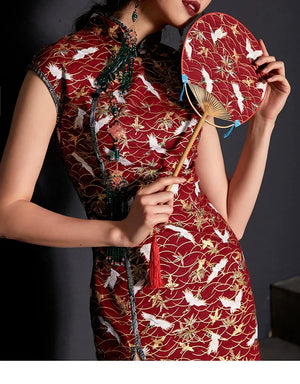 Button cheongsam pure cotton printed crane split skirt - Yandan_Hanfu