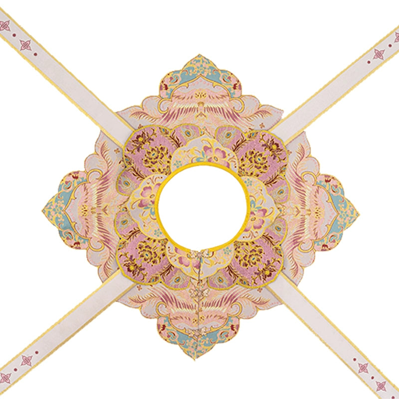 Pink and gold embroidered shoulder collar from 2025 Chinese graduation Hanfu set, designed with floral patterns and cross straps.