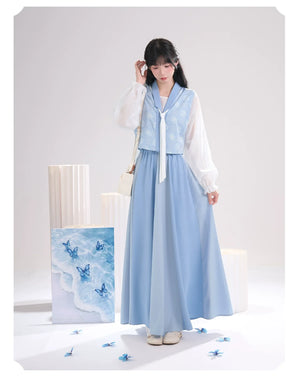 Sea Salt Sky Blue – Elegant Tang-Inspired Modern Hanfu with Long-Sleeve Top & Flowing Skirt - Yandan_Hanfu