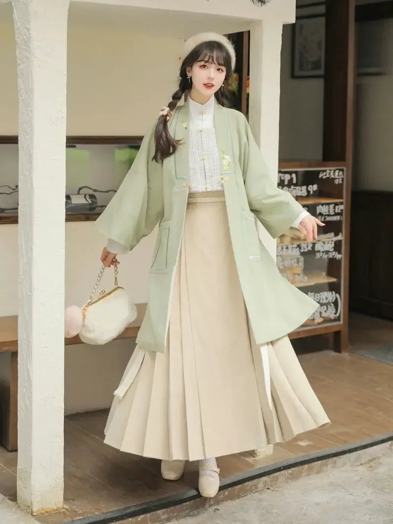 Shallow Moon Ming Dynasty hanfu set in an autumn winter daily style with traditional Chinese robe layers.
