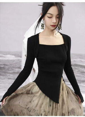 New Chinese style | suit women's early spring sweater fake two piece knitted black & red top - Yandan_Hanfu