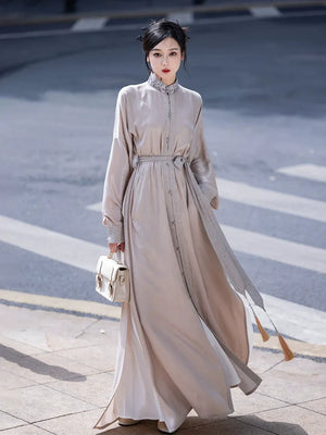 New Chinese style | Everyday stand-up collar dress shirt long skirt - Yandan_Hanfu