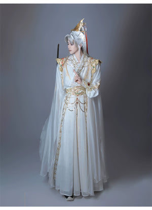 【Radiance of the Dragon】 White Hanfu Ensemble with Cross-Collar, Clouded Shoulders & Embroidered Seal men Unisex - Yandan_Hanfu