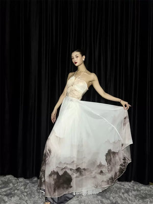 Floating Light – Chinese Watercolor Maxi Skirt with Dramatic Full Hem - Yandan_Hanfu