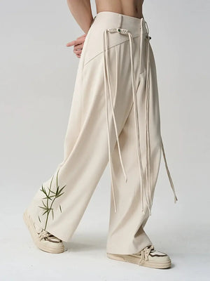 Tassel Embroidered Unisex Trousers – New Chinese Style with Knot Button Detail - Yandan_Hanfu