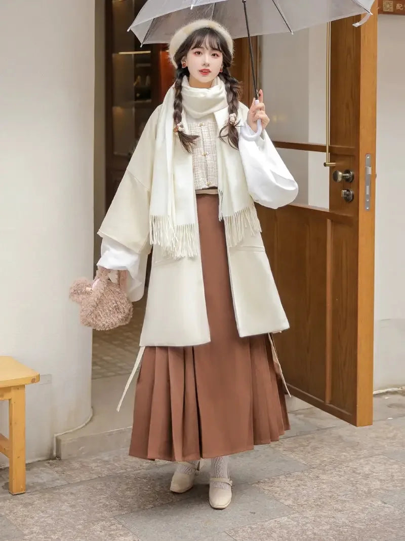 Ming Dynasty inspired hanfu outfit from Shallow Moon showing layered autumn winter styling.