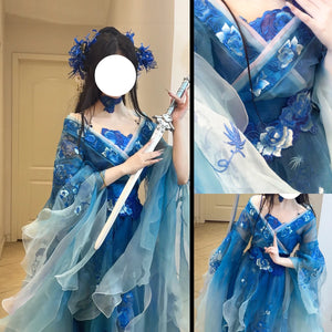 Blue embroidered hanfu stage costume with camisole and elastic waist skirt