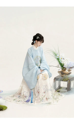 “Moonlit Blossom” Ming-Style Hanfu for Women – Embroidered Round-Collar Top & Mamian Skirt, Autumn/Winter - Yandan_Hanfu