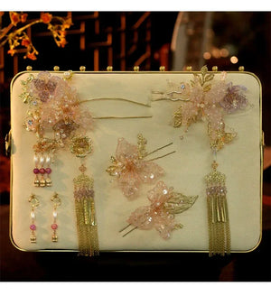 Blush Pink Chinese Bridal Hairpin Set – Handmade Floral Headpiece for Hanfu & Qipao Wedding Look - Yandan_Hanfu