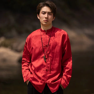 Bamboo leaf print disc buckle Tang suit men's retro Chinese style shirt - Yandan_Hanfu