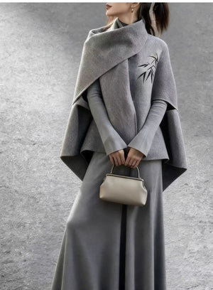 Grey Wool Cape Set – Short Cloak Jacket & Knit Dress | Soft Relaxed Fit - Yandan_Hanfu