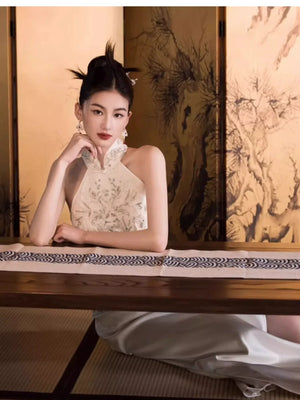 White Engagement Cheongsam Toast Bridal Dress - Yandan_Hanfu