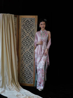"Pink Bell" Pink Jacquard Bell Cheongsam/Qipao Shawl Bridal Dress - Yandan_Hanfu