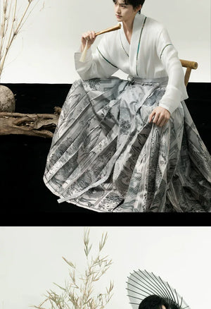 Unisex Modern Grey Hanfu Set – Cross-Collar Jacket with Brocade Ma Mian Skirt - Yandan_Hanfu