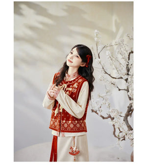 Sui’an – Winter Knit Set | Hanfu-Inspired Bijia Vest with Bow-Sleeve Top and Flowy Skirt - Yandan_Hanfu