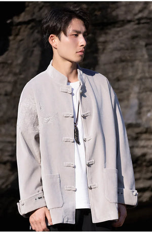 New Chinese Tang style men's button top autumn and winter coat golden velvet - Yandan_Hanfu