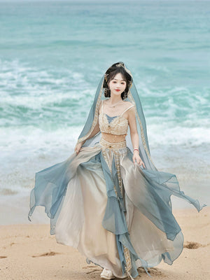 Flowing lake blue Hanfu dress inspired by Dunhuang goddess, ideal for summer fashion and traditional Chinese cultural wear.