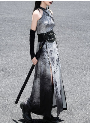 蛇魅 · Wasteland Gray Cheongsam – Split Hem, Off-Shoulder, New Chinese Style - Yandan_Hanfu
