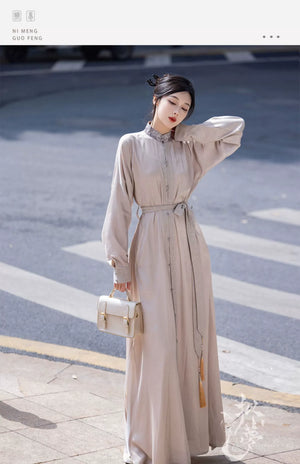 New Chinese style | Everyday stand-up collar dress shirt long skirt - Yandan_Hanfu