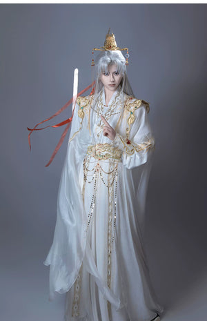 【Radiance of the Dragon】 White Hanfu Ensemble with Cross-Collar, Clouded Shoulders & Embroidered Seal men Unisex - Yandan_Hanfu