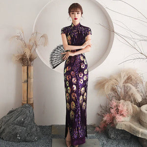 Floral pattern, long jacquard silk-satin cheongsam - Yandan_Hanfu