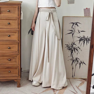 Tied Harmony – Unisex Wide-Leg Pants | New Chinese Style High-Waist Pleated Trousers with Belted Design - Yandan_Hanfu