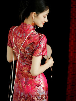Yue Xi – Red Embroidered Jacquard Qipao for Wedding, Engagement & Tea Ceremony - Yandan_Hanfu