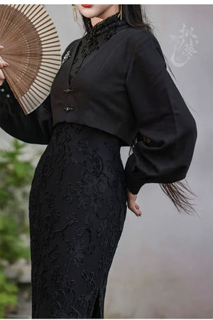 Silent Fragrance – Velvet Beaded Sleeveless Floor-Length Qipao with New Chinese Style Blazer - Yandan_Hanfu