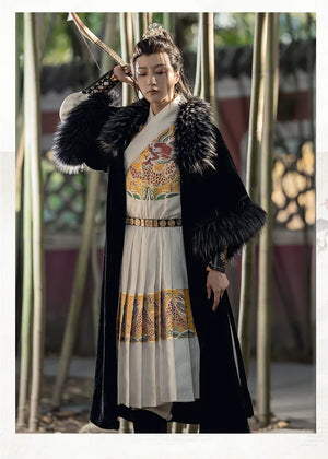 Hanfu Cape with Detachable Imitation Raccoon Fur Collar for Men in Black, Perfect for Spring and Autumn - Yandan_Hanfu
