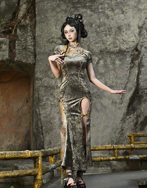 Spring Dragon Festival, Chinese national style disc buckle slim fish tail long slit cheongsam dress - Yandan_Hanfu