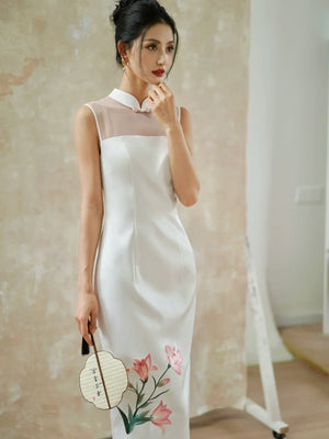 Eternal Union – White Embroidered Qipao | Chinese Wedding Reception & Engagement Dress - Yandan_Hanfu